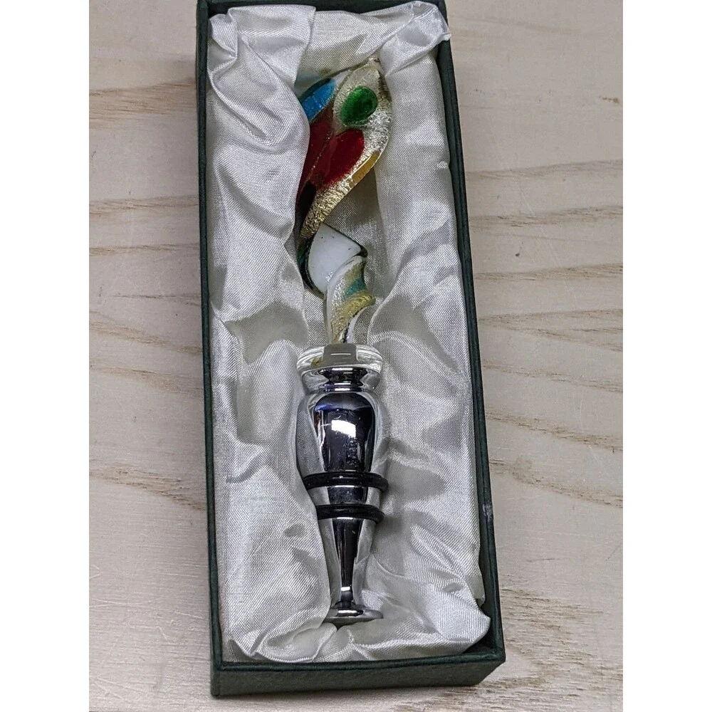 Murano Art Glass Wine Stopper Metal Barware In Box Red Aqua White  Gold specks
